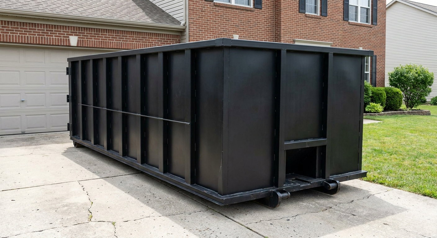 Matte-black 20-yard roll-off container on a Laguna Hills residential concrete driveway with reinforced ribbed steel sidewalls and a hinged rear walk-in door, clean bright daylight.