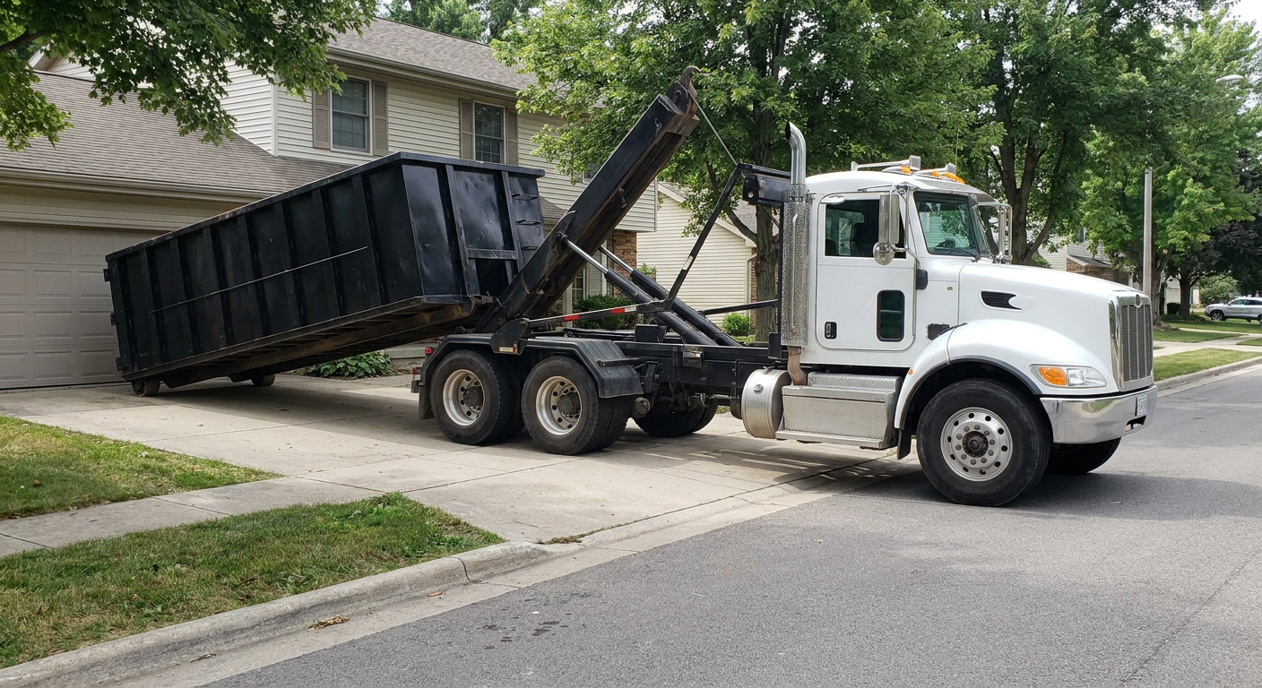 White-cab hooklift roll-off truck actively lowering a matte-black dumpster onto a Laguna Hills residential concrete driveway, the dumpster's rear wheels touching the driveway as the hoist arm tilts the bed forward, mid-morning daylight.