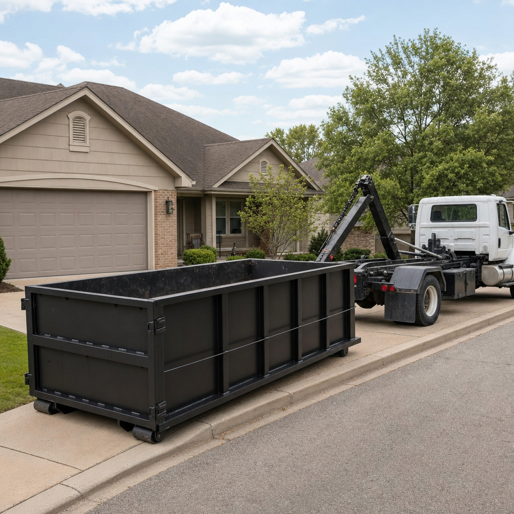 Wide documentary shot of a matte-black roll-off dumpster on a Laguna Hills residential driveway in the foreground and a contractor jobsite container in the soft-focus background, bright daylight, calm and orderly composition.