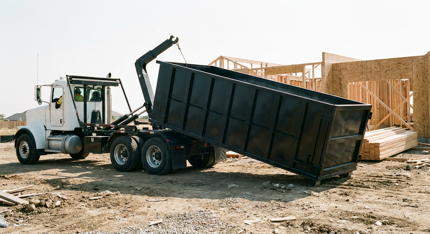 Matte-black roll-off dumpster being delivered onto a clean residential concrete driveway in Laguna Hills by an unmarked white hooklift hauler truck, bright morning daylight, documentary 35mm perspective.